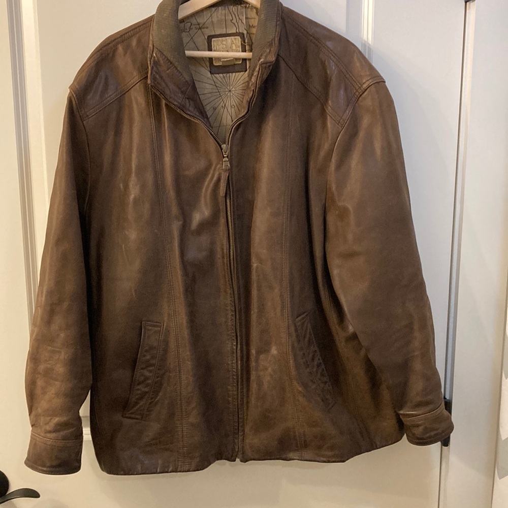 Jos A Bank Brown Leather Bomber Coat Jacket Men XL